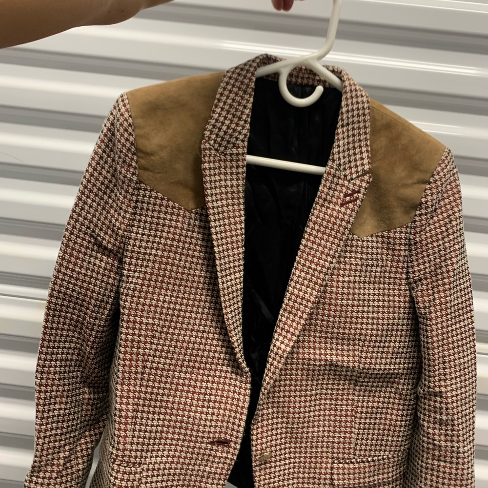 The Kooples Red & Tan Houndstooth Sport Coat with Suede Yoke